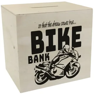 Bike Bank Spardose aus Holz in schwarz zum Thema Motorradkauf und Motorrad Fahren schöne Sparbüchse Geschenk für Sparfüchse die Träume eines Bikers mögen oder Sich ihren eigenen