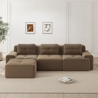 Cloud Modulsofa L-Form, 3-Sitzer, Cord, Ottoman, montagefrei, tiefe Sitzfläche (Brown)
