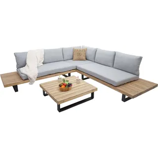 Garten-Garnitur HWC-H54, Garnitur Sitzgruppe Lounge-Set, Spun Poly Akazie Holz Alu hellbraun, Polster hellgrau - Grau