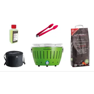 LotusGrill S Small Kompakt Starter-Set Limettengrün der raucharme Holzkohlegrill mit 2,5 kg Buchenholzkohle, 200 ml Brennpaste, 1x Zange (Farbe nach Vorrat), 1x Tasche. Stromversorgung USB-Powerbank
