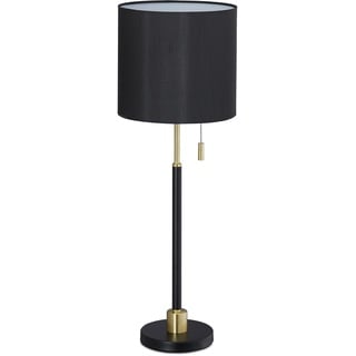 Relaxdays Tischlampe mit Zugschalter, elegante Nachttischlampe mit Stoffschirm, E27 Fassung, HD 69 x 24 cm, schwarz-gold