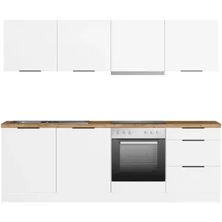 Küchenzeile KOCHSTATION "KS-Lagos2, Breite 240 cm", weiß (küche: weiß, front: weiß, korpus: weiß, arbeitsplatte: wotaneichefarben), B:240cm H:200cm T:60cm, Komplettküchen-Sets, Küchenzeile, wahlweise mit E-Geräten, mit 38mm starker Arbeitsplatte