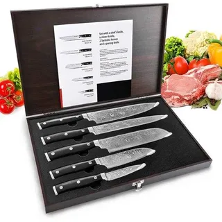 Unyqoos® Profi-Küchenmesserset 5-teilig – Kochmesser 20 cm, Brotmesser 20 cm, Santoku 7 inch, Universalmesser 15 cm, Schälmesser 3,5 inch, kohlenstoffhaltiger Edelstahl, matte rutschfeste Griffe, schwarz, Holz-Geschenkbox