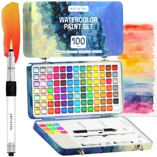 Aquarellfarben-Set, 100 lebendige Farben in tragbarer Box, einschließlich Metallic-, Fluoreszenz- und Pastellfarben. Perfektes Reise-Aquarell-Set für Künstler, Amateure, Hobbyisten und Malliebhaber