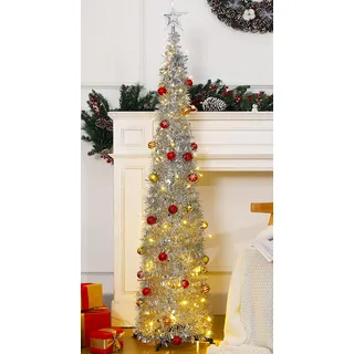 Pop-Up-Weihnachtsbaum mit 100 warmweißen Lichtern, zusammenklappbarer Bleistift-Weihnachtsbäume für Urlaub, Karneval, Party, Weihnachtsdekorationen, 30 Ornamente und Baumspitze Stern im Lieferumfang