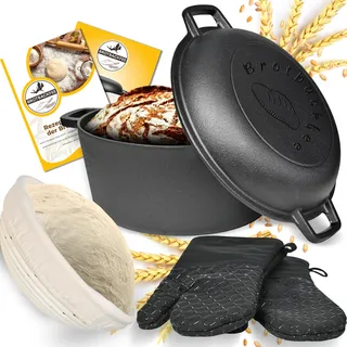 BROTBACKFEE® Gusseisen Topf mit Deckel Brot backen Brottopf zum backen [5 in 1 Gärkorb, Ofenhandschuhe, Rezepte, Anleitung] Brotbackform rund, Gusseisentopf, Brotbacktopf, Brotbackset, Brotform