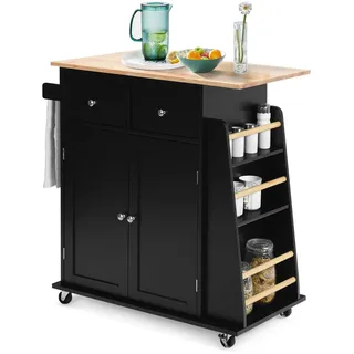 FANTASK rollender Kücheninsel mit Arbeitsplatte, Küchenwagen mit Handtuchhalter, verstellbarem Regal & 2 Schubladen & Gewürzregal, Servierwagen mit Räder mit Bremsen (Schwarz)