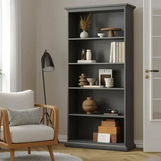 Dmora - Bücherregal Mireille, Büroregal, Mobiler Buchhalter, Bücherbrett, 96x37 h201 cm, Grau