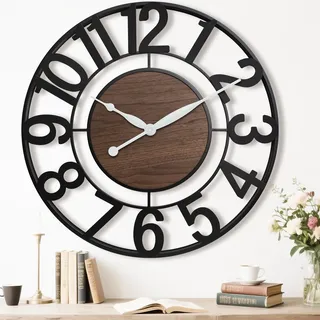 Pytha Sight Wanduhr Groß XXL Wohnzimmer Ohne Tickgeräusche,Große Wanduhr 75cm,Schwarz Vintage Grosse Industrial Walnuss Arabisch Ziffern Wanduhren für Modern Wohnzimmer,Küche,Büro,Heimdekoration