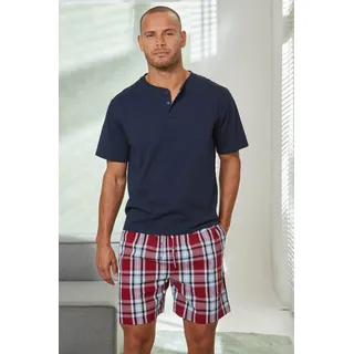 Pyjama H.I.S, Herren, Gr. 48/50 (M), bunt (marine, bordeaux), Jersey, Obermaterial: 100% Baumwolle, kariert, Basic, bequem kurz, Rundhals, abgesteppte Kante, Homewear-Sets Pyjama, Schlafanzug mit Webshorts, Topseller