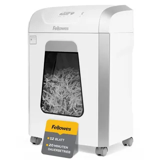 Fellowes Aktenvernichter, Papierschredder für 12 Blatt Partikelschnitt, Aktenvernichter P4, Schredder für Büro und Homeoffice, Powershred FS-12C, mit 19L Papierkorb, verarbeitet Kreditkarten, Weiß