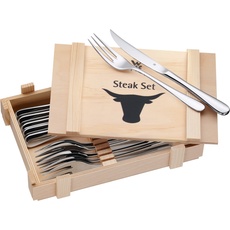 WMF Steakbesteck Set Steakmesser 6 Personen 12tlg Spezialklingenstahl Eichenholz Holzkiste, Besteck, Silber