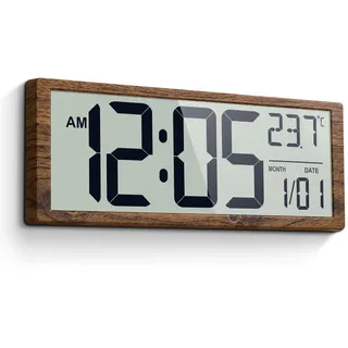 Mee 2ou 16" Digitale Wanduhr, batteriebetrieben mit großer LCD-Anzeige | großen modernen Ziffern, dekorative Uhr mit Alarm, Datum, Kalender, Temperatur für Senioren, Schlafzimmer, Wohnzimmer, Küche