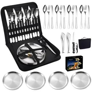 Yixinly Camping Geschirr Set 4 Personen, 20 Stück Camping Besteck Set Geschirr 4 Personen Edelstahl, Besteck mit Löffel Gabel Messer Teller Clip für Picknick, Reisen