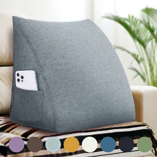 Johnear Rückenkissen Bett Keilkissen Dreieckiges Lesekissen mit Seitentasche 45cm Bücherkissen Matratzenkeil Stützkissen für Bett Sofa Sessel Wohndekoration Büro aus Leinen-Polyester-Mischung