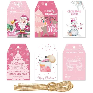 Weihnachten Geschenkanhänger,60 PCS Weihnachtsanhänger Rosa Weihnachten Anhänger Etiketten mit Jute Schnur für Flaschen Dekoration DIY Geschenkverpackung Pink Paper Gift Tags