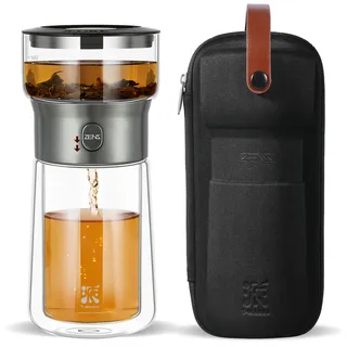 ZENS Modern Klein Teekanne Glas, One-Touch Teezubereiter für Losen Tee Zubereitung, Teezubereiter mit Sieb und 270ml Isolierter Tasse, Magic Tea Maker mit Portable Tragetasche für Geschenke