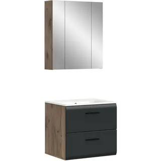 xonox.home – 2 TLG. Badezimmerkombination Ice 60x185x46 cm in Korpus Nox Oak Nachbildung und Front schwarz matt – Hochwertige Badmöbel-Kombi – modern, pflegeleicht & edel