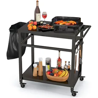 COSTWAY Grillwagen mit 2 Ablagen, 4 Rollen, Haken, Grilltisch Outdoor Servierwagen 100,5x50x93,5cm - Schwarz
