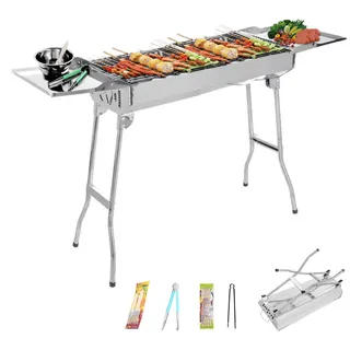 DOKKOME Edelstahl BBQ Holzkohlegrill 121x30x74cm Räuchergrill Faltbar Grill XXL Tragbar Camping Zweilagig Klappgrill 5-10 Personen für Kochen im Freien Camping Wandern Picknick