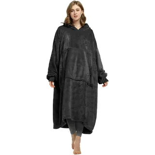 Catalonia Classy Oversize Hoodie Decke mit Ärmeln, Warm Kuscheldecke Geschenk für Frauen Herren, Übergröße Kuschelpullover mit Kapuze Flauschig Decke zum Anziehen, Schwarz