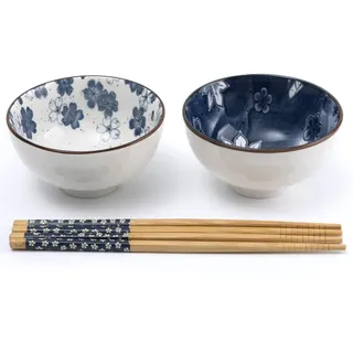 Lachineuse - Set mit 2 chinesischen Schalen, Blumenmotiv, Blau, ⌀ 11 cm – Reisschalen, Frühstück, Vorspeise & Suppe – 2 Paar Essstäbchen – asiatische Schüssel Japanisch Asien – Geschenk japanisches