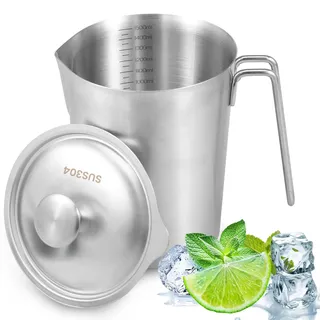 Messbecher Edelstahl 1500ml mit Deckel Feinskala BPA Frei 12,8cm | 304 Edelstahl Messbecher Edelstahl Tropfschutz Robust für Zuhause Küche Restaurant Bar Teeladen Café Treffpunkt (1500ml)