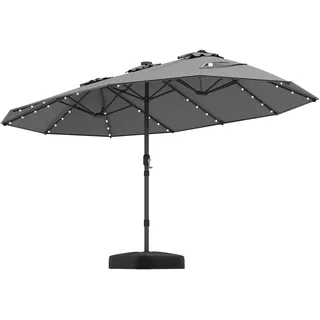 FANTASK Doppelsonnenschirm XXL, 450 x 260 cm, Sonnenschirm Groß mit Ständer und LED-Solar-Beleuchtung, UPF 50+, Terrassenschirm mit Kurbel, Marktschirm, Gartenschirm für Garten, Terrasse (Grau)