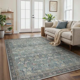 GENIMO Boho Vintage Teppich, Waschbar & rutschfest, Kurzflor Teppich für Wohnzimmer, Schlafzimmer oder Esszimmer, Stilvoller Carpet, Antikes Marineblau, 160x230 cm