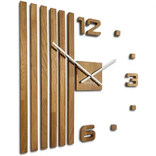 3D Wanduhren DIY Holz Eiche Lamellen große Wanduhr 60 cm 3D Wanduhr Modern Design EKO Wanduhren Wandtattoo Dekoration Uhren für Büro Wohnzimmer - Braun, Weiß