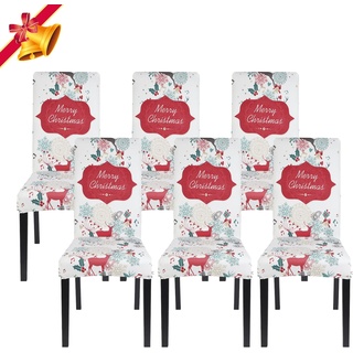 Jaotto Stuhlhussen Weihnachten 6er Set Universal,Stuhlhusse Stretch Moderne,Stuhlhussen Schwingstühle Elastische Langlebig Stuhlhussen für Feiertagsdekoration Weihnachten(Sahne/Xmas,6 Stück)