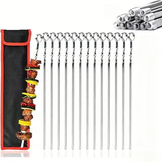 30 Stück Grillspieße, 40CM Schaschlikspieße Edelstahl Lange Grillspieße Grill Kabob Spieße BBQ Metal Skewers Fleischspieße Set für Lagerfeuer oder Grillschale mit zwei Aufbewahrungstaschen