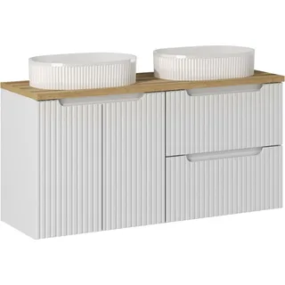 Doppelter weißer geriffelter Badezimmerschrank 120 cm mit Eichenplatte und 2 Waschbecken - Weiß, Braun