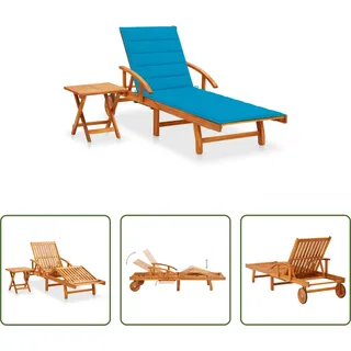 The Living Store Sonnenliege mit Tisch und Auflage Akazie Massivholz - Blau