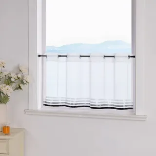 ESLIR Scheibengardine mit Ösen Gardinen Küche Bistrogardinen Transparent Stores Vorhänge mit Satinband Voile Weiß und Schwarz HxB 45x120cm 1 Stück