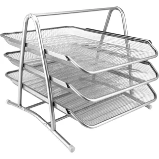 D.RECT 110486 Metall Ablagefächer Stapelbar - Büro Organizer Schreibtisch - Ablage Schreibtisch - 3 Schubfächer Briefablage Dokumentenablage A4 Organizer Mesh - Papierablage Silber Aktenablage