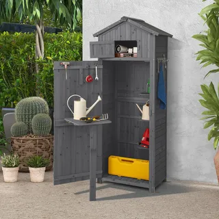 COSTWAY Gartenschrank Holz, Gerätehaus wetterfest, Geräteschuppen mit klappbarem Tisch, Tür & 8 Haken, Holzschuppen mit Satteldach, Geräteschrank Grau - Grau