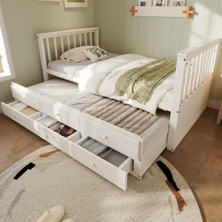 MODFU Schlafsofa Kinderbett Tagesbett 90x200cm mit Ausziehbarem Rollbett 90x190cm und drei Schubladen, Holzbett Daybett Kinderbett Jugendbett mit Lattenrost aus holz, Weiß (Ohne Matratze) - Weiß