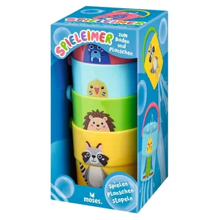 Moses Moses. Spieleimer Stapelset zum Baden und Planschen, Badewannenspielzeug, 4 Bunte Eimer mit Henkel und Lochmuster, Mini-Eimer zum Spielen im Wasser und Sand, 38151