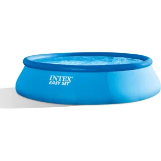 INTEX "Easy Set" Pool rund Aufstellpool inkl. 12V Filterpumpe Leiter, Bodenplane & Abdeckfolie (4,57x1,07 m), Rundpool Volumen 12.430 L, blau (28166GN)