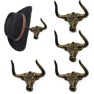Filano, moderner Cowboy-Wand-Huthalter, Western-/Langhorn-Stil, Gusseisen, Huthaken für Aufbewahrung, Präsentation in Garderobe, Schlaf- und Wohnzimmer, Antikgold, Herren-Geschenk, 4er Pack