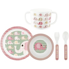 p:os p:os Elefantinis Frühstücksset, 5-teiliges Geschirrset mit Teller, Schüssel, Tasse, Gabel und Löffel, Kindergeschirr aus Kunststoff, spülmaschinen-/mikrowellengeeignet