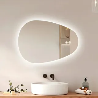 Emke LED Badspiegel mit Anti-Beschlag 80 x 60 cm Asymmetrisch Spiegel mit 3 Dimmbare Lichtfarben