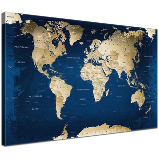 Stilvolle Pinnwand Weltkarte - Ocean - Deutsch in 120 x 80 cm, stabile Rückwand zum Pinnen inkl. Starterkit - Leinwand-Kunstdruck Wandbild Landkarte XXL