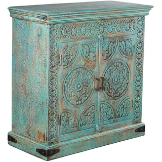 DRW Orientalischer Eingangsschrank mit 2 Türen, dekoriert mit Mandalas, Holz, blau, 90 x 40 x 90 cm