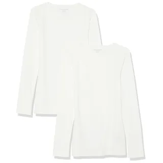 Amazon Essentials Damen Schmal geschnittenes Oberteil mit Langen Ärmeln und Rundhalsausschnitt aus Rippstrick (in Übergröße erhältlich), 2er-Pack, Weiß, M