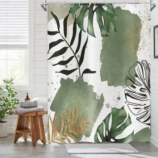Großes, abstraktes Badbalkongitter, 180x180 cm, Weiß-Grün, Gold, Palmenblätter, wasserdicht, für Badezimmer, Polyester, 12 Haken.
