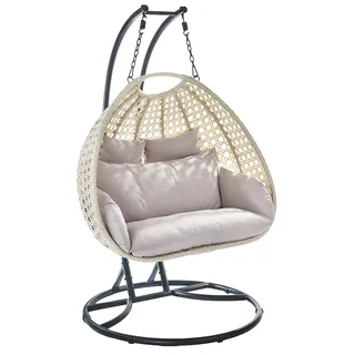 Kobolo Hängekorb Hängesessel BIG Polyrattan für zwei Personen inkl Gestell und Kissen | Sonnenliege Gartenmöbel Balkonmöbel Loungesessel Liege - Grau