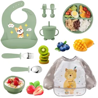Silikon Baby Geschirrset Kindergeschirr, Baby Kinderteller Set, Geschirrset Kindergeschirr mit Saugnapf, 11 Stücke Rutschfest Silikon Geschirr Sets Rutschfest Babyteller Schüssel Lätzchen