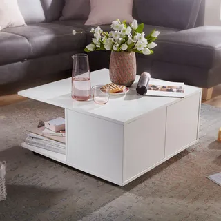 FineBuy Design Couchtisch Weiß 70x70 cm Wohnzimmertisch mit 2 Schubladen Sofatisch mit Rollen Tisch mit 2 Fächern - Weiß